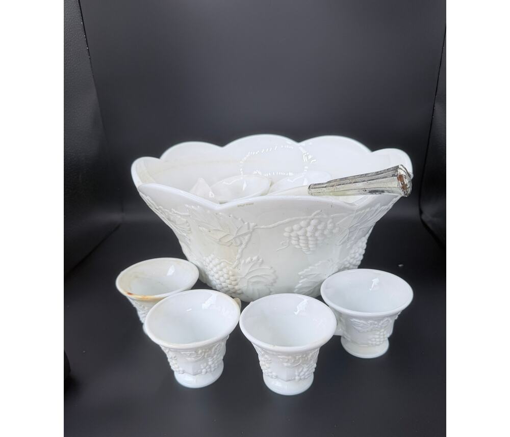 Vintage Westmoreland Paneled Grape Milk Glass Punch Bowl Set Cups Ladle